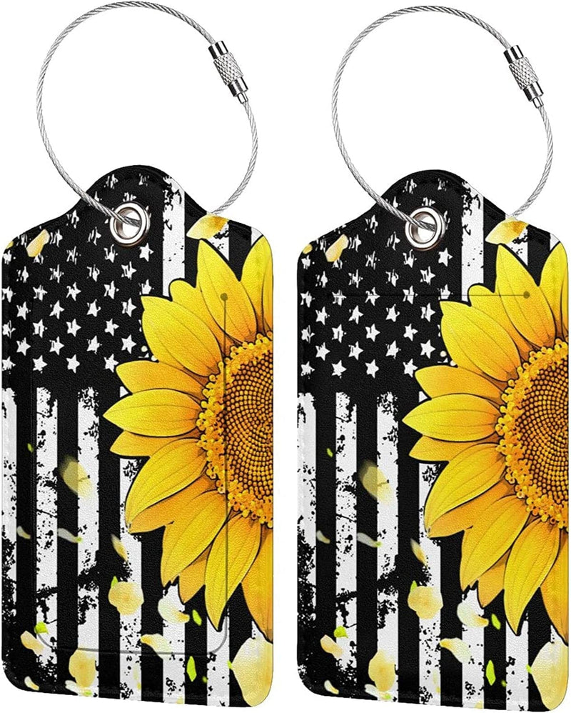 2 Pack Luggage Tag for Suitcase, Cute Unique Leather Suitcase Tags Identifiers with Privacy Name Address Labels & Durable Steel Loop for Women Men Travel Sporting Goods > Outdoor Recreation > Winter Sports & Activities COWDIY Sunflower American Flag  