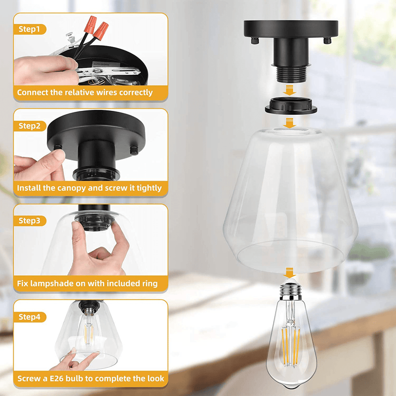 2-Pack Modern Ceiling Light Fixtures, Black Semi Flush Mount Ceiling Light Fixtures with Clear Glass, Industrial Close to Ceiling Lights for Hallway, Bedroom, Entryway, Porch, Foyer