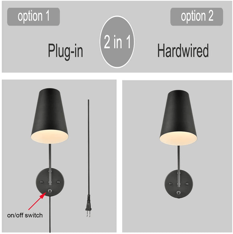 2-Pack Modern Plug in Wall Sconces Industrial Wall Lamps with Cord Swtich