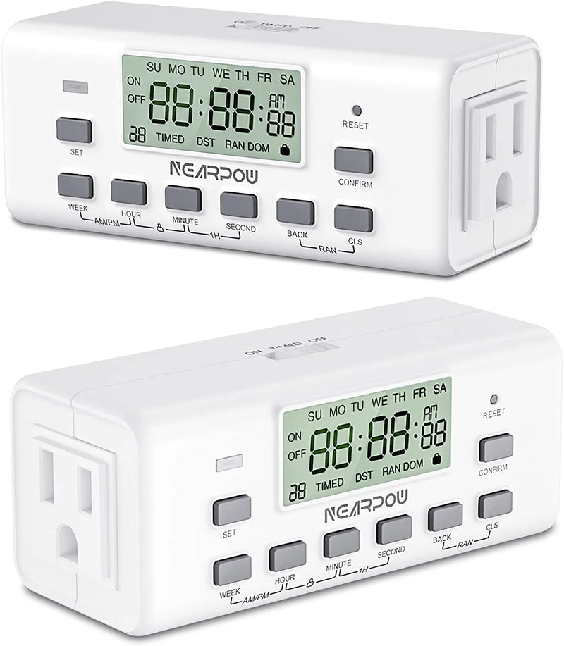 [2 Pack] NEARPOW Digital Timer For Lamp With Dual Outlets, Programmable Timer In Door, Outlet Timer For Lights,10 On/Off Programs, 24-Hour And 7-Day Programmable Electric Plug Timer,3 Prong, 15A/1800W Home & Garden > Lighting Accessories > Lighting Timers NEARPOW Default Title  