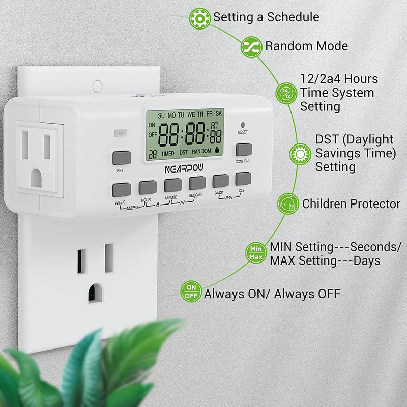 [2 Pack] NEARPOW Digital Timer For Lamp With Dual Outlets, Programmable Timer In Door, Outlet Timer For Lights,10 On/Off Programs, 24-Hour And 7-Day Programmable Electric Plug Timer,3 Prong, 15A/1800W Home & Garden > Lighting Accessories > Lighting Timers NEARPOW   