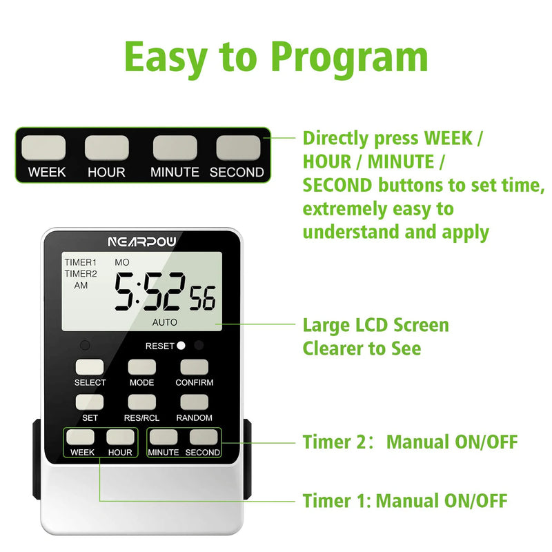 [2 Pack] Outlet Timer, NEARPOW Dual Digital Light Timer with 2 Independently-Controlled Outlets, 18 ON/Off Programs, 24-Hour and 7-Day Programmable,Indoor Electrical Timer Switch, 3 Prong, 15A/1800W Home & Garden > Lighting Accessories > Lighting Timers NEARPOW   