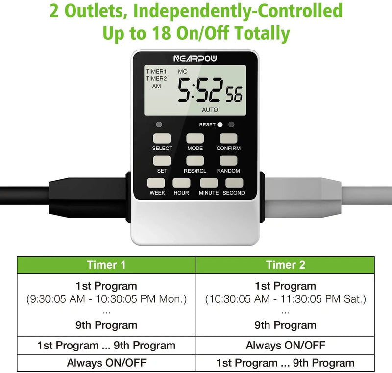 [2 Pack] Outlet Timer, NEARPOW Dual Digital Light Timer with 2 Independently-Controlled Outlets, 18 ON/Off Programs, 24-Hour and 7-Day Programmable,Indoor Electrical Timer Switch, 3 Prong, 15A/1800W Home & Garden > Lighting Accessories > Lighting Timers NEARPOW   