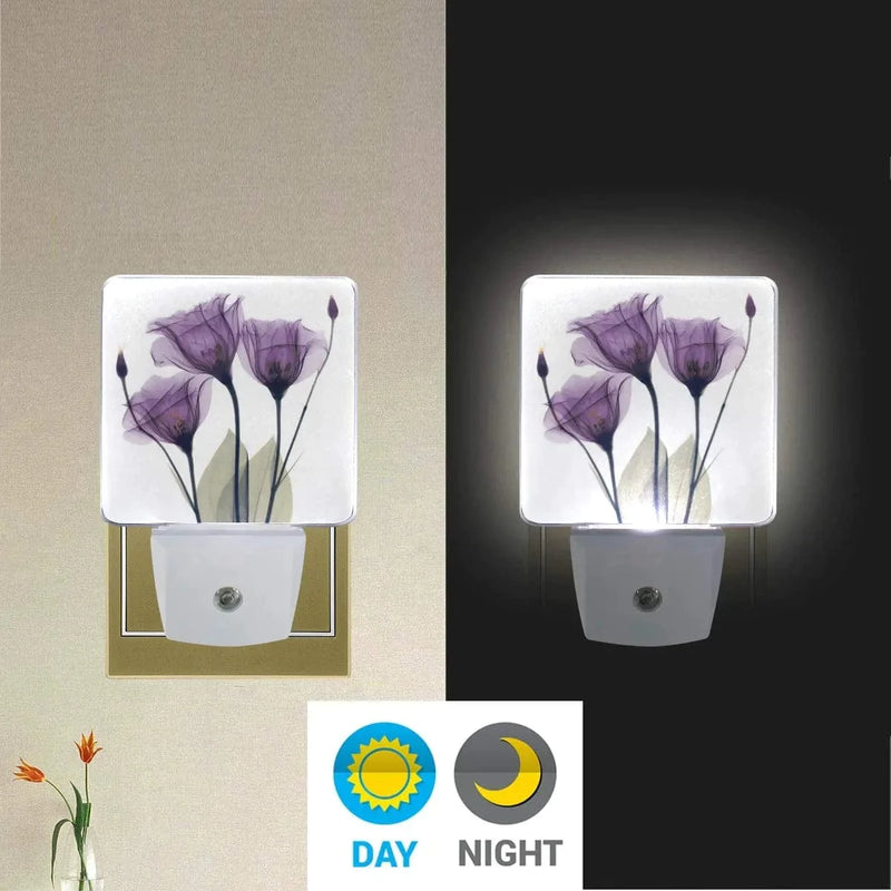 2 Pack Plug-In LED Night Light Lamp with Light Sensor, Lavender Hope Flowers Daylight White for Bedroom, Bathroom, Hallway, Stairways, 0.5W, Purple