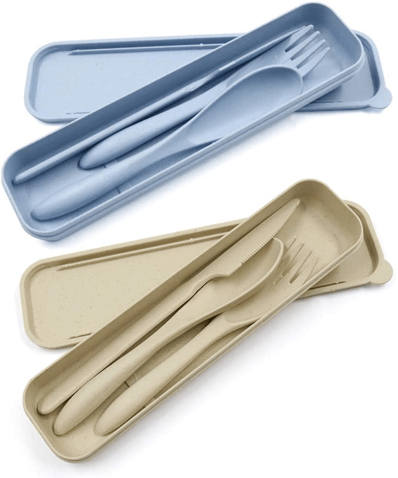 2 Pack Portable Travel Cutlery Set, Reusable Flatware Set Wheat Straw Dinnerware Set Tableware Set for Workplace School Picnic Camping (BEIGE,BLUE)