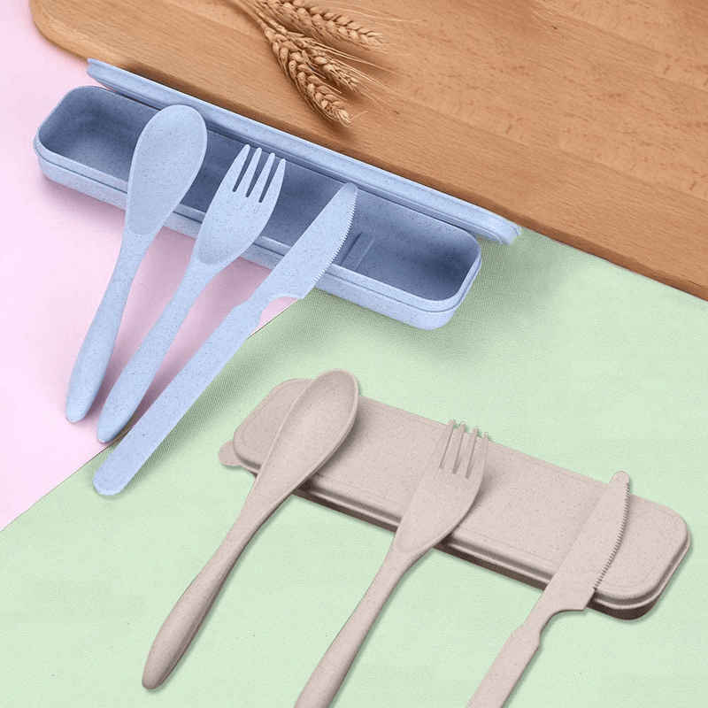 2 Pack Portable Travel Cutlery Set, Reusable Flatware Set Wheat Straw Dinnerware Set Tableware Set for Workplace School Picnic Camping (BEIGE,BLUE) Home & Garden > Kitchen & Dining > Tableware > Flatware > Flatware Sets N //A   