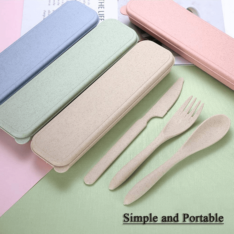 2 Pack Portable Travel Cutlery Set, Reusable Flatware Set Wheat Straw Dinnerware Set Tableware Set for Workplace School Picnic Camping (BEIGE,BLUE)