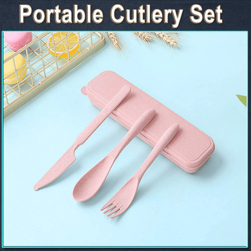 2 Pack Portable Travel Cutlery Set, Reusable Flatware Set, Wheat Straw Dinnerware Set, Tableware Set for Workplace School Picnic Camping (pink)