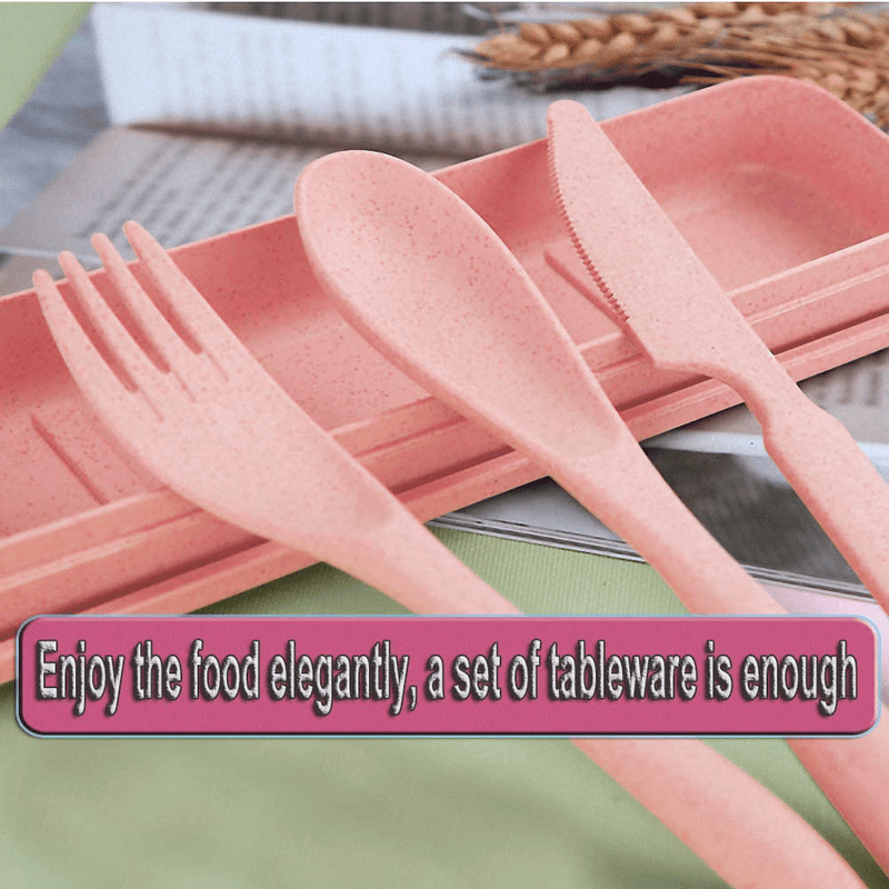 2 Pack Portable Travel Cutlery Set, Reusable Flatware Set, Wheat Straw Dinnerware Set, Tableware Set for Workplace School Picnic Camping (pink)