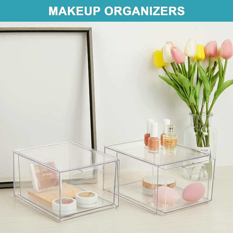 2 Pack Stackable Makeup Organizer Storage Drawers, Vtopmart 4.4'' Tall Acrylic Bathroom Organizers，Clear Plastic Storage Bins for Vanity, Undersink, Kitchen Cabinets, Pantry Organization and Storage
