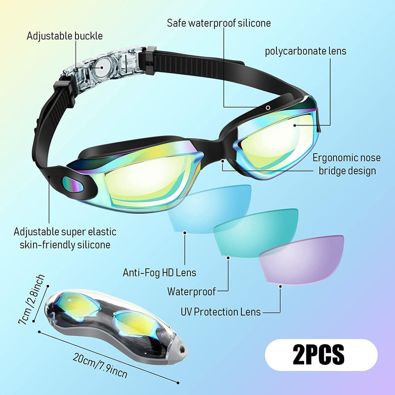 2 Pack Swim Goggles No Leaking Swimming Goggles Waterproof Swim Glasses Polarized Goggles with Nose Clip and Earplugs