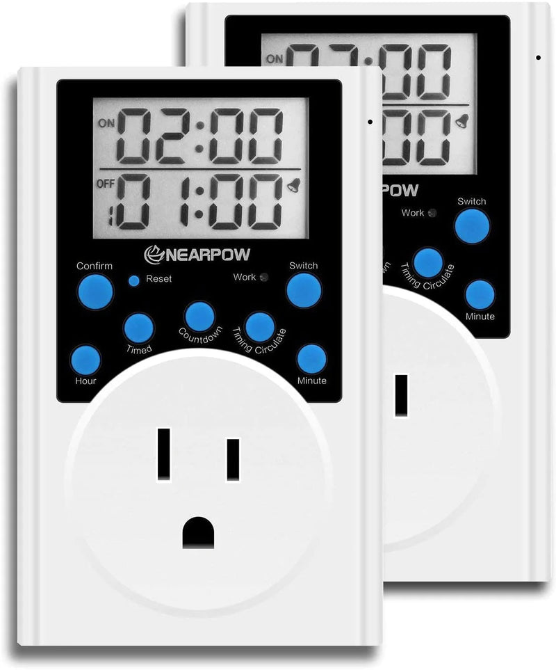 [2 Pack] Timer Outlet, Nearpow Multifunctional Infinite Cycle Programmable Plug-in Digital Timer Switch With 3-prong Outlet for Appliances, Energy-saving Timer, 15A/1800W Home & Garden > Lighting Accessories > Lighting Timers NEARPOW Default Title  