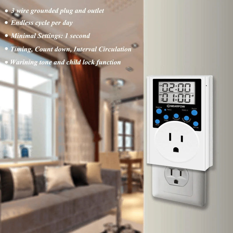 [2 Pack] Timer Outlet, Nearpow Multifunctional Infinite Cycle Programmable Plug-in Digital Timer Switch With 3-prong Outlet for Appliances, Energy-saving Timer, 15A/1800W