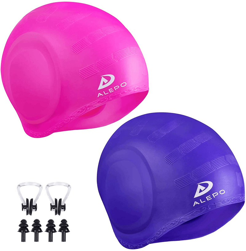 2 Pack Unisex Swim Caps with 3D Ear Protection, Durable Flexible Silicone Swimming Hats for Women Men Kids Adults, Bathing Swimming Caps for Short/Long Hair with Ear Plugs&Nose Clip