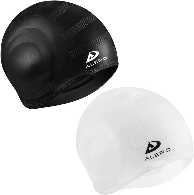 2 Pack Unisex Swim Caps with 3D Ear Protection, Durable Flexible Silicone Swimming Hats for Women Men Kids Adults, Bathing Swimming Caps for Short/Long Hair with Ear Plugs&Nose Clip Sporting Goods > Outdoor Recreation > Boating & Water Sports > Swimming > Swim Caps Alepo White  