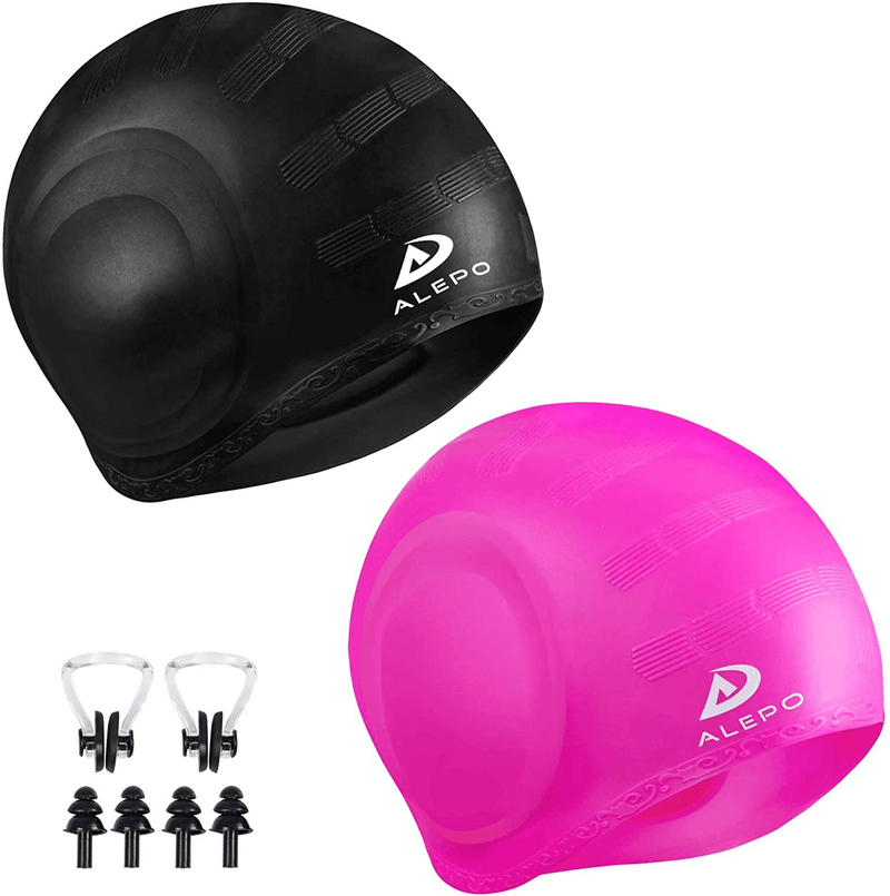 2 Pack Unisex Swim Caps with 3D Ear Protection, Durable Flexible Silicone Swimming Hats for Women Men Kids Adults, Bathing Swimming Caps for Short/Long Hair with Ear Plugs&Nose Clip Sporting Goods > Outdoor Recreation > Boating & Water Sports > Swimming > Swim Caps Alepo Rose Red  