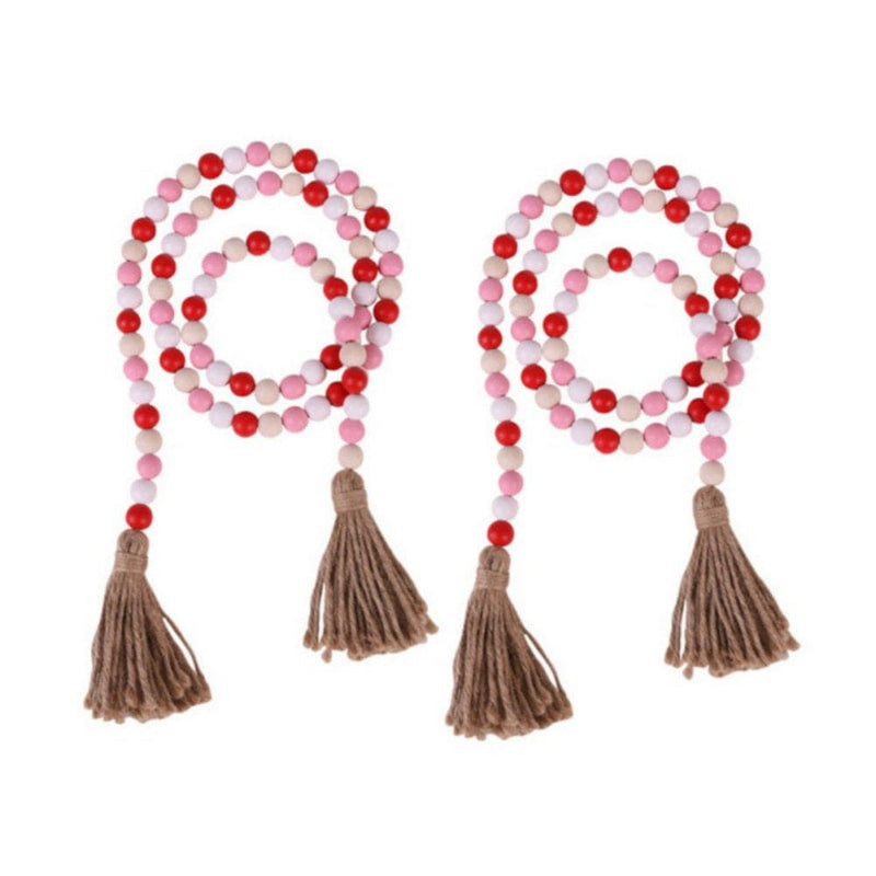 2 Pack Valentine'S Day Wood Bead Garland with Tassel,Rustic Wooden Bead Decor Farmhouse Beads Big Wall Hanging Decor