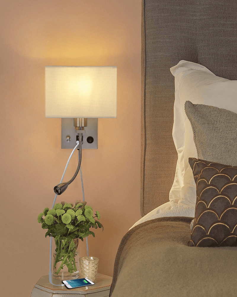 2-Pack Wall Sconce Bedside Lights - Plug in Cord Wall Lamp with Two USB Charging Ports for House Hotel with Brushed Nickel, Dimmable Wall Light Reading Lamp Fabric Shade and On/Off Switch Home & Garden > Lighting > Lighting Fixtures > Wall Light Fixtures KOL DEALS   