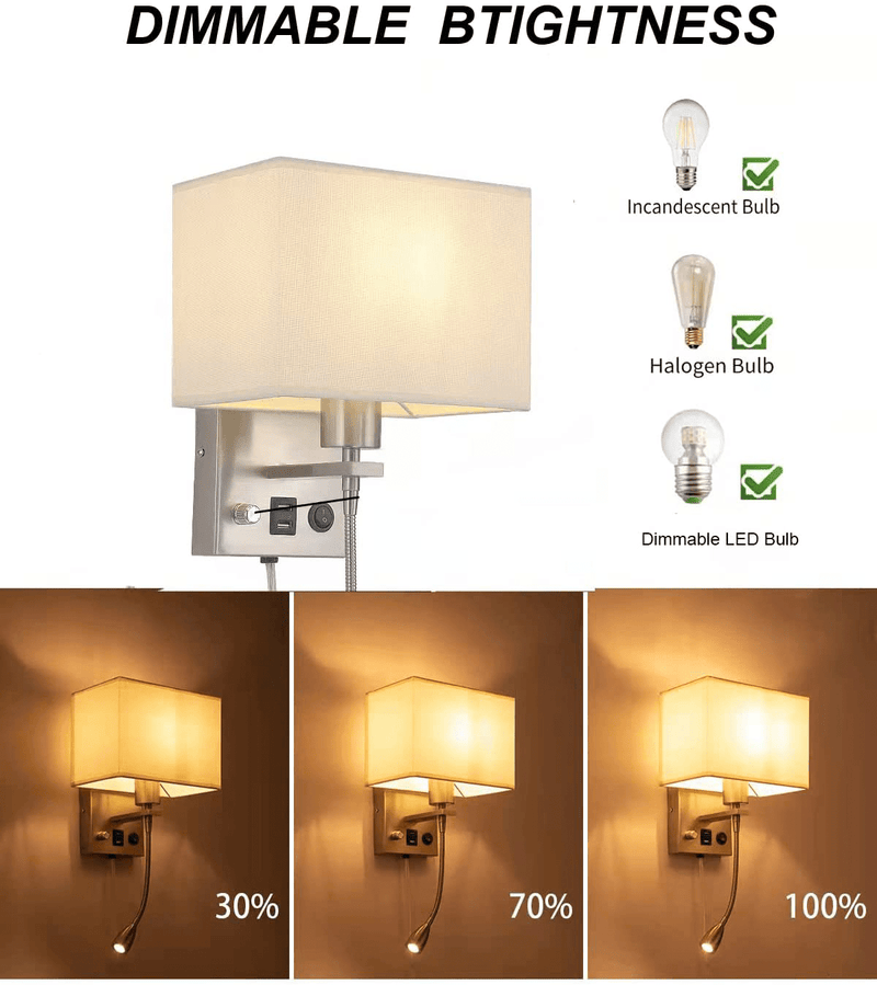 2-Pack Wall Sconce Bedside Lights - Plug in Cord Wall Lamp with Two USB Charging Ports for House Hotel with Brushed Nickel, Dimmable Wall Light Reading Lamp Fabric Shade and On/Off Switch