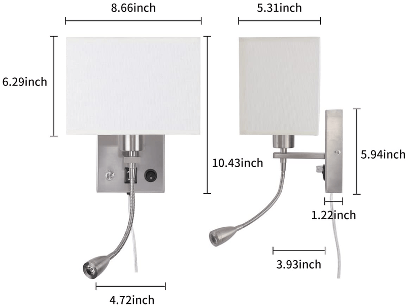 2-Pack Wall Sconce Bedside Lights - Plug in Cord Wall Lamp with Two USB Charging Ports for House Hotel with Brushed Nickel, Dimmable Wall Light Reading Lamp Fabric Shade and On/Off Switch