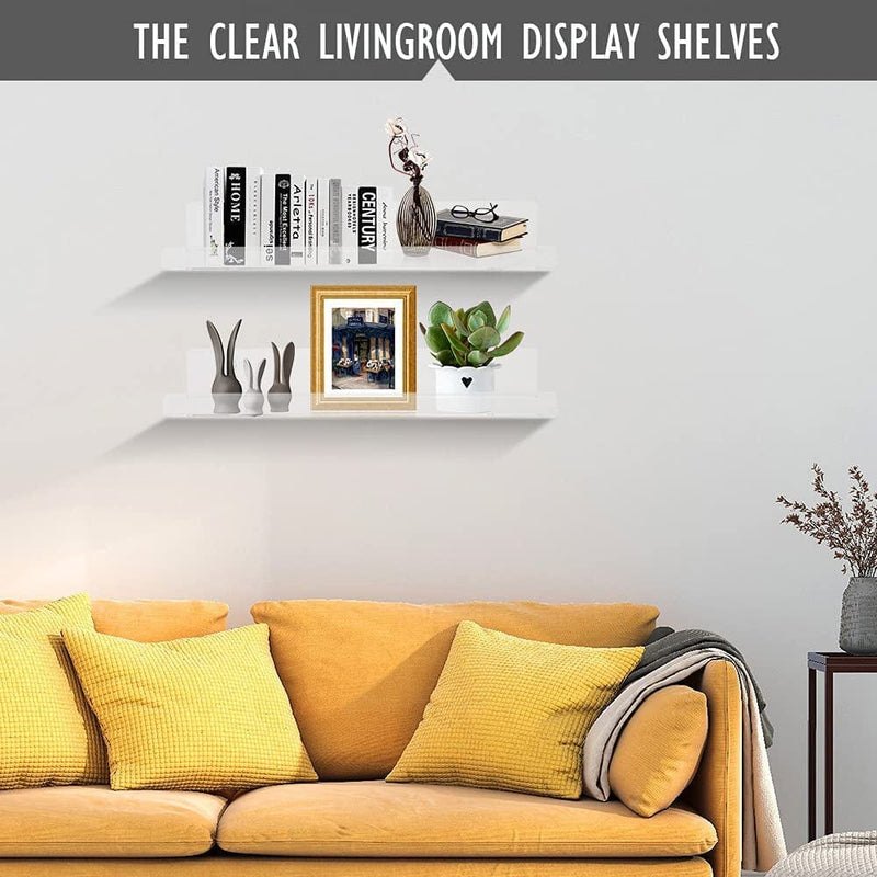 2 Packs 16 in Clear Wall Floating Bookshelves Shelf Organizer Toys Display Collection Wall Bedroom Shelves for Kitchen Spice Rack Acrylic Invisible Bookshelf Home Wall Décor Photoes Ledge Space Saver Furniture > Shelving > Wall Shelves & Ledges Bobetter   