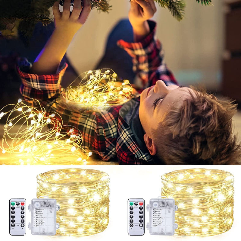 2 Packs Fairy Lights Battery Operated, 16.5 FT 50 Leds Christmas String Lights Remote Control Timer Twinkle String Lights 8 Modes Silver Wire Firefly Lights for Garden Party Indoor Decor-Warm White Home & Garden > Lighting > Light Ropes & Strings RAREVAY Warm White  