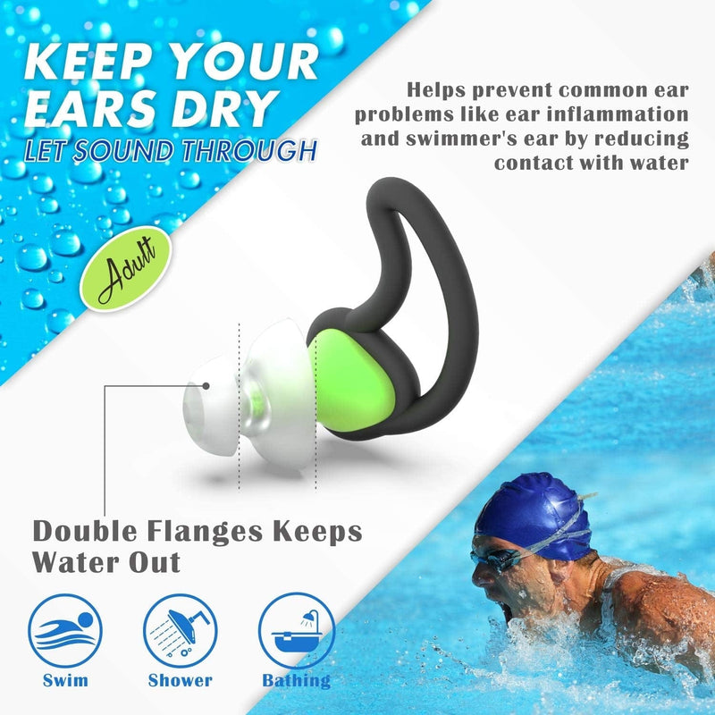 [2 Pairs] Ear Plugs for Swimming, Hearprotek Swim Ear Plugs Adults-Waterproof Silicone Water Earplugs for Men Women Juniors Swimmers Pool Shower Bathing (Green)