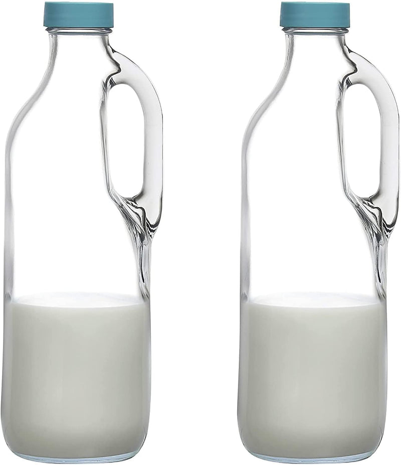 2 Pc 47Oz Clear Glass Milk Bottles Set with Handle and Lids - Airtight Milk Container for Refrigerator Jug Glass Water Pitchers Water Juice Heavy Milk Bottle Liquid Containers for Kitchen Home & Garden > Decor > Decorative Jars GLASS MONGER 2  