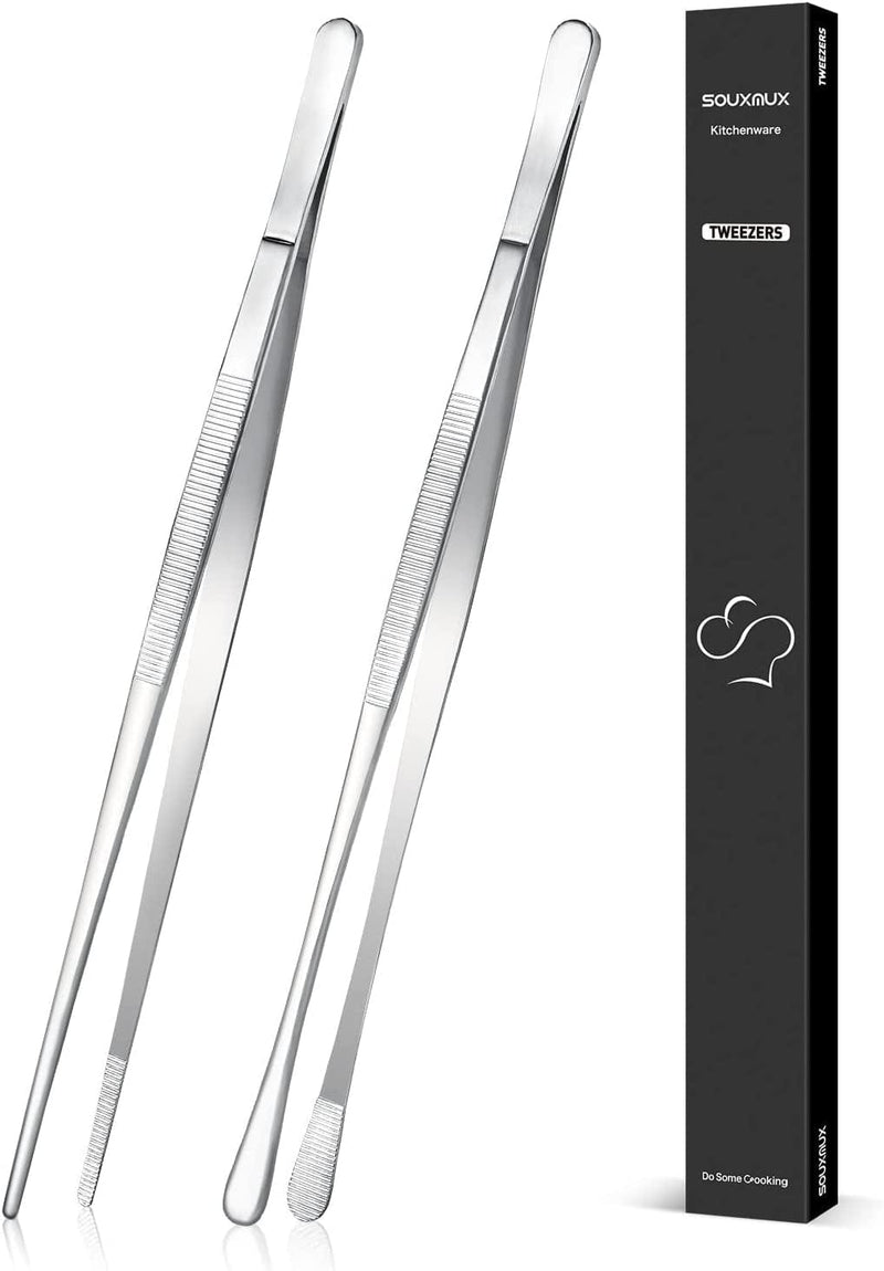 2 Pcs 12-Inch Cooking Tweezers Tongs Precision Serrated Tips, Stainless Steel Professional Chef Tweezer Kitchen Tools for BBQ, Plating and Serving (Black) Home & Garden > Kitchen & Dining > Kitchen Tools & Utensils SouxMux Silver 12inch 