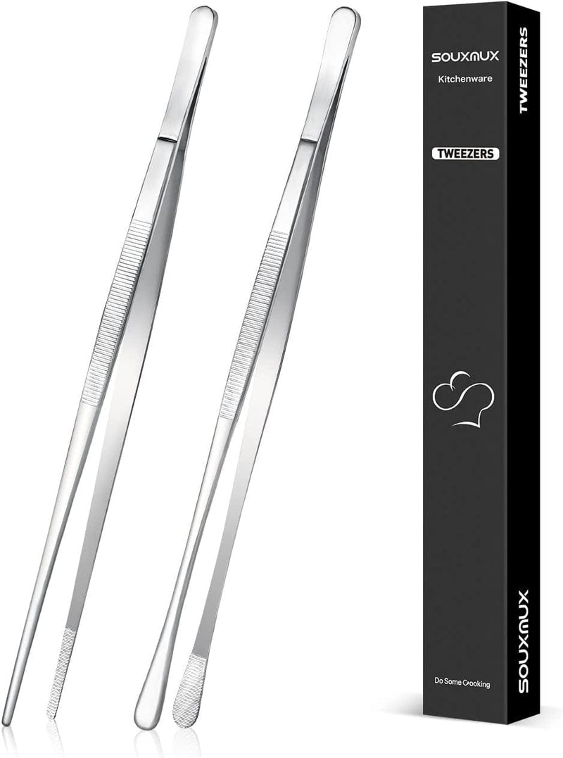 2 Pcs 12-Inch Cooking Tweezers Tongs Precision Serrated Tips, Stainless Steel Professional Chef Tweezer Kitchen Tools for BBQ, Plating and Serving (Black) Home & Garden > Kitchen & Dining > Kitchen Tools & Utensils SouxMux Silver 10inch 
