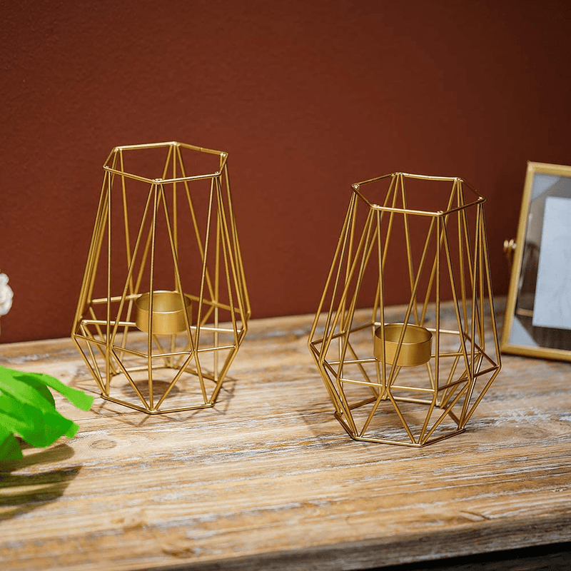 2 Pcs Metal Hexagon Shaped Geometric Design Tea Light Votive Candle Holders, Iron Hollow Tealight Candle Holders for Vintage Wedding Home Decoration, Gold (L + L) Home & Garden > Decor > Home Fragrance Accessories > Candle Holders NUPTIO   