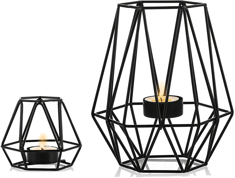 2 Pcs Metal Hexagon Shaped Geometric Design Tea Light Votive Candle Holders, Iron Hollow Tealight Candle Holders for Vintage Wedding Home Decoration, Gold (L + L) Home & Garden > Decor > Home Fragrance Accessories > Candle Holders NUPTIO Black S+L 