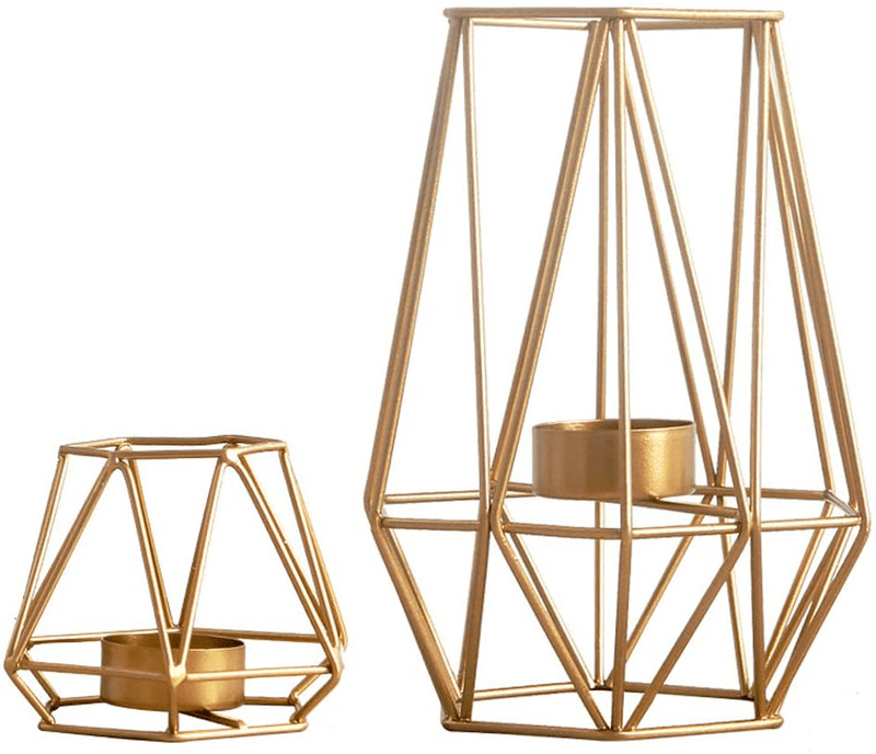 2 Pcs Metal Hexagon Shaped Geometric Design Tea Light Votive Candle Holders, Iron Hollow Tealight Candle Holders for Vintage Wedding Home Decoration, Gold (L + L) Home & Garden > Decor > Home Fragrance Accessories > Candle Holders NUPTIO Gold S+L 