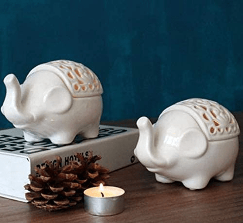 2 PCS Set Cute Elephant Shaped Openwork Design Ceramic Decorative Tea Light Candleholder