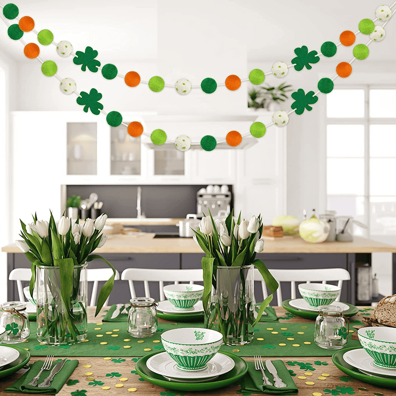 2 Pcs St Patrick'S Day Felt Ball Garlands with Shamrock - St. Patrick'S Day Decorations - Green Dark Green White Orange Pom Pom Garlands for Home Tree- Irish Party Home Fireplace Mantle Hanging Decor
