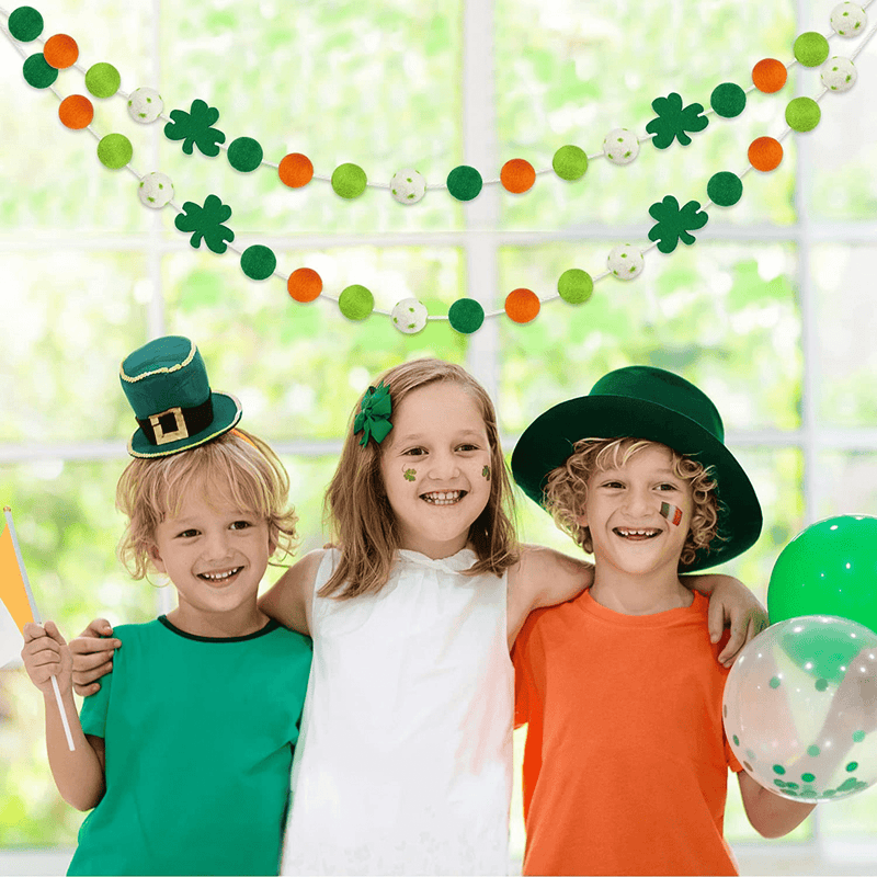 2 Pcs St Patrick'S Day Felt Ball Garlands with Shamrock - St. Patrick'S Day Decorations - Green Dark Green White Orange Pom Pom Garlands for Home Tree- Irish Party Home Fireplace Mantle Hanging Decor