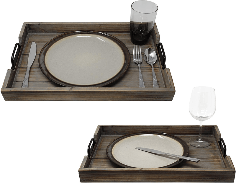 2 Pie­ce Decorative Nested Vintage Wood Serving Tray Set for Coffee Table or Ottoman – Rustic Wooden Breakfast Trays for Kitchen, Dining Room, or Living Room – Farmhouse Platter w/ Handles - Barnwood Home & Garden > Decor > Decorative Trays Chiaravita   