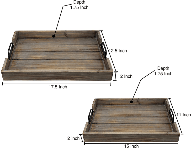 2 Pie­ce Decorative Nested Vintage Wood Serving Tray Set for Coffee Table or Ottoman – Rustic Wooden Breakfast Trays for Kitchen, Dining Room, or Living Room – Farmhouse Platter w/ Handles - Barnwood Home & Garden > Decor > Decorative Trays Chiaravita   