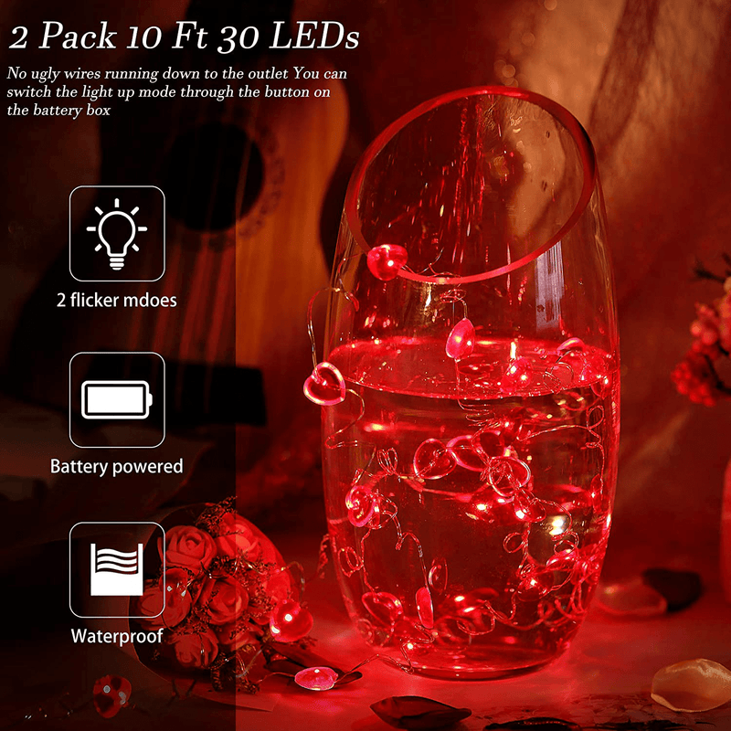2 Pieces 10 Feet 30 Leds Valentine'S Day Red Heart String Lights 2 Modes Red Heart Love Battery Powered Decoration for Valentine'S Day Wedding Proposal Anniversary