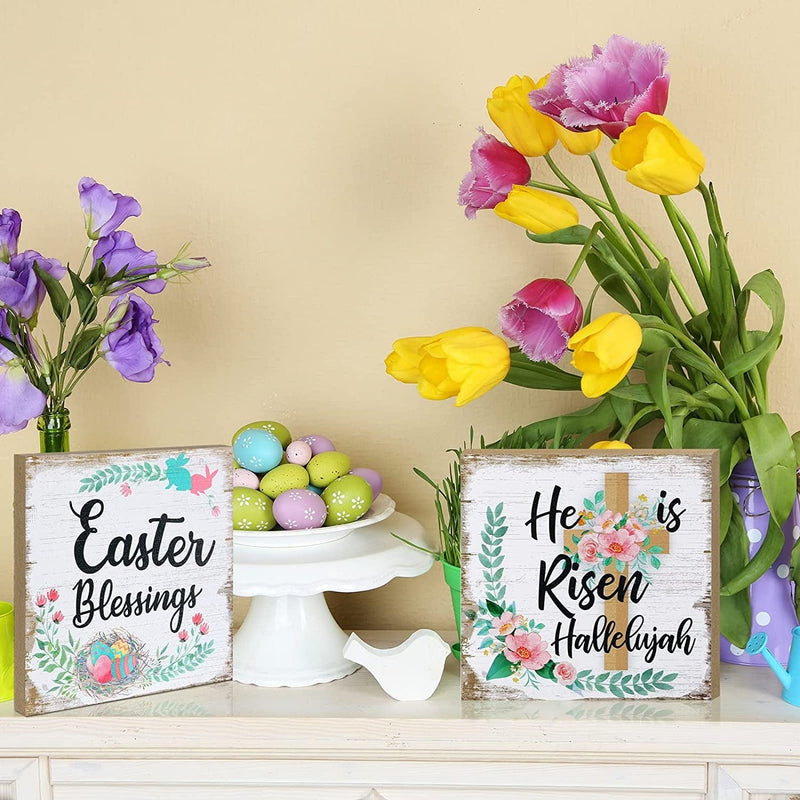 2 Pieces Easter Wood Sign Rustic Flower Easter Blessings He Is Risen Hallelujah Happy Easter Wooden Table Sign Easter Centerpieces Religious Easter Decorations for Home Dining Table