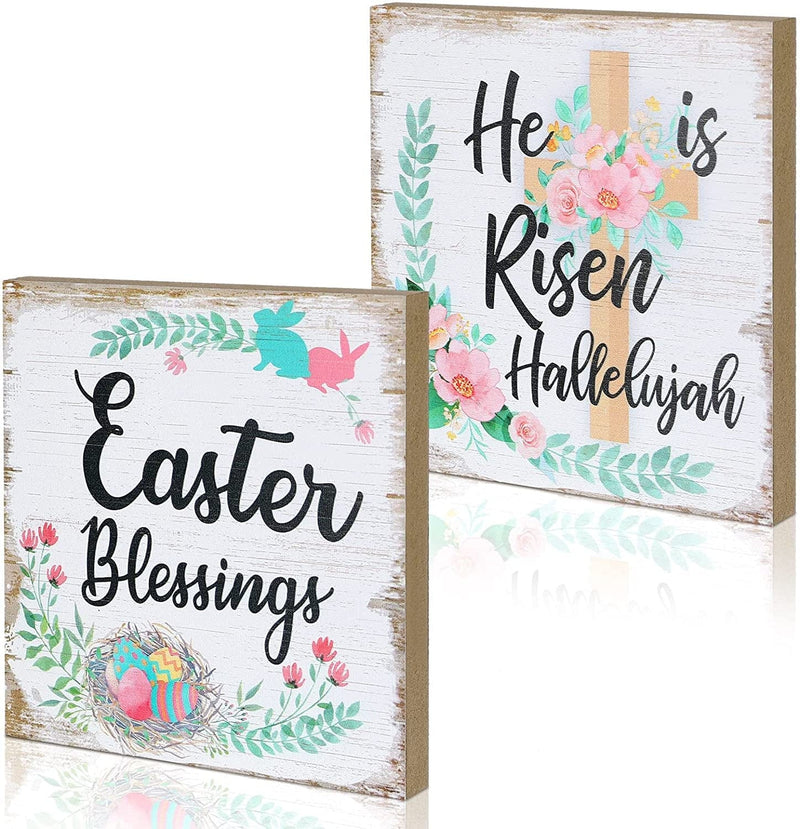 2 Pieces Easter Wood Sign Rustic Flower Easter Blessings He Is Risen Hallelujah Happy Easter Wooden Table Sign Easter Centerpieces Religious Easter Decorations for Home Dining Table Home & Garden > Decor > Seasonal & Holiday Decorations Yookeer   