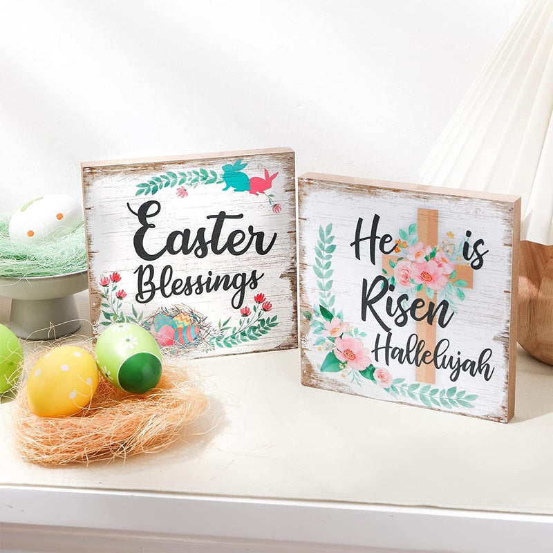 2 Pieces Easter Wood Sign Rustic Flower Easter Blessings He Is Risen Hallelujah Happy Easter Wooden Table Sign Easter Centerpieces Religious Easter Decorations for Home Dining Table Home & Garden > Decor > Seasonal & Holiday Decorations Yookeer   