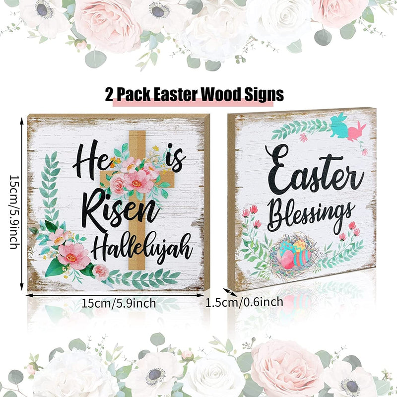 2 Pieces Easter Wood Sign Rustic Flower Easter Blessings He Is Risen Hallelujah Happy Easter Wooden Table Sign Easter Centerpieces Religious Easter Decorations for Home Dining Table
