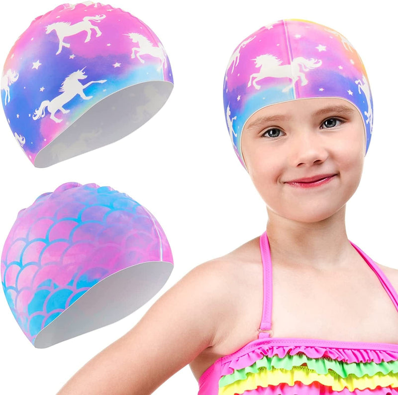 2 Pieces Girls Swimming Cap Waterproof Silicone Swim Cap for Baby Toddler Bathing Caps Durable Comfortable Kids Mermaid and Unicorn Swimming Hats for Long and Short Hair Sporting Goods > Outdoor Recreation > Boating & Water Sports > Swimming > Swim Caps WAWSAM   