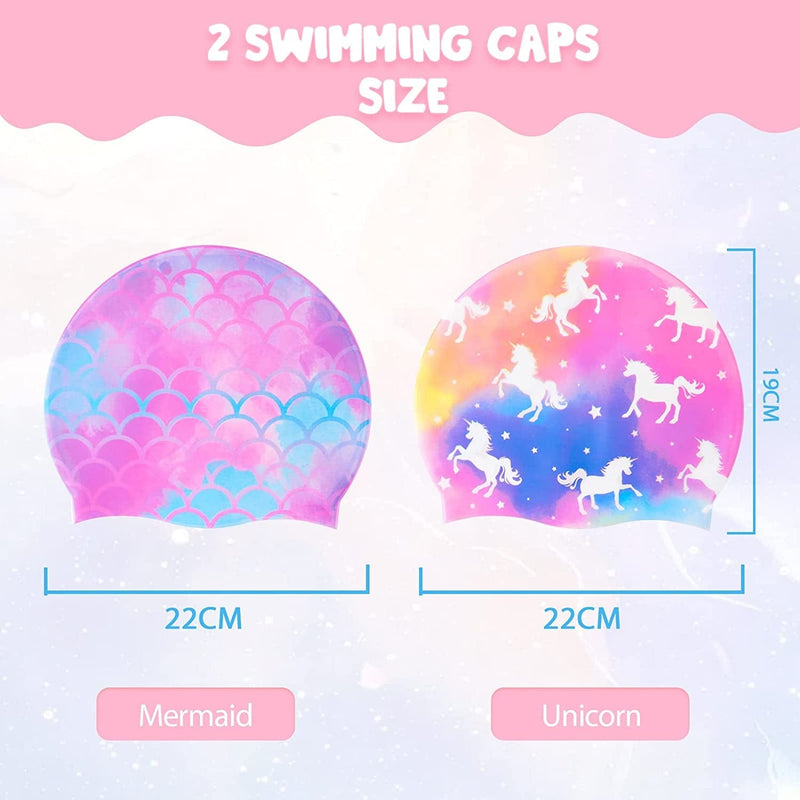 2 Pieces Girls Swimming Cap Waterproof Silicone Swim Cap for Baby Toddler Bathing Caps Durable Comfortable Kids Mermaid and Unicorn Swimming Hats for Long and Short Hair Sporting Goods > Outdoor Recreation > Boating & Water Sports > Swimming > Swim Caps WAWSAM   