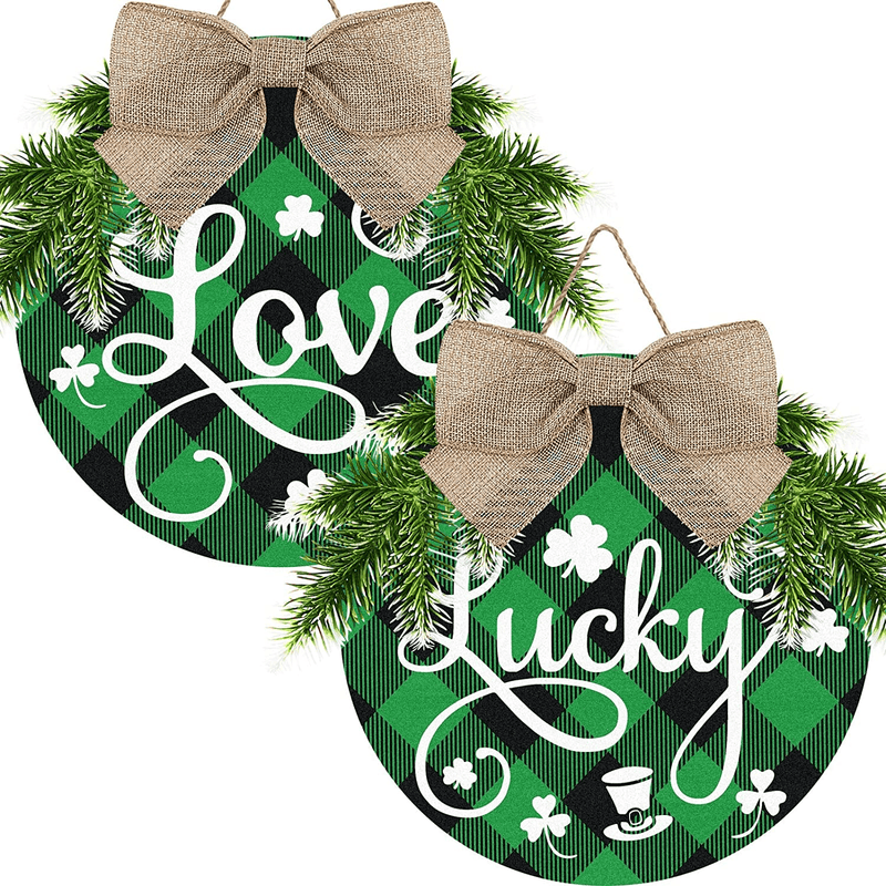 2 Pieces Happy St Patrick'S Day Sign Wooden Hanging Sign Decorations Buffalo Plaid Wreath Love Lucky Sign for Front Door Rustic Table Window Door Decor with Rope Wall Hanging Holiday Decor