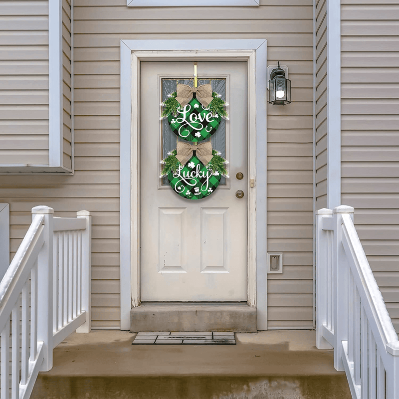 2 Pieces Happy St Patrick'S Day Sign Wooden Hanging Sign Decorations Buffalo Plaid Wreath Love Lucky Sign for Front Door Rustic Table Window Door Decor with Rope Wall Hanging Holiday Decor Arts & Entertainment > Party & Celebration > Party Supplies Yookeer   