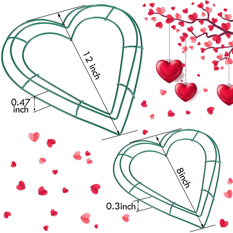2 Pieces Heart-Shaped Wire Wreath Rings Garden Heart Dark Green Metal Wreath Frame Metal Flower Wreath Frames for Christmas New Year Valentine'S Day Holiday Home Wedding Floral Decor, 8 Inch, 12 Inch