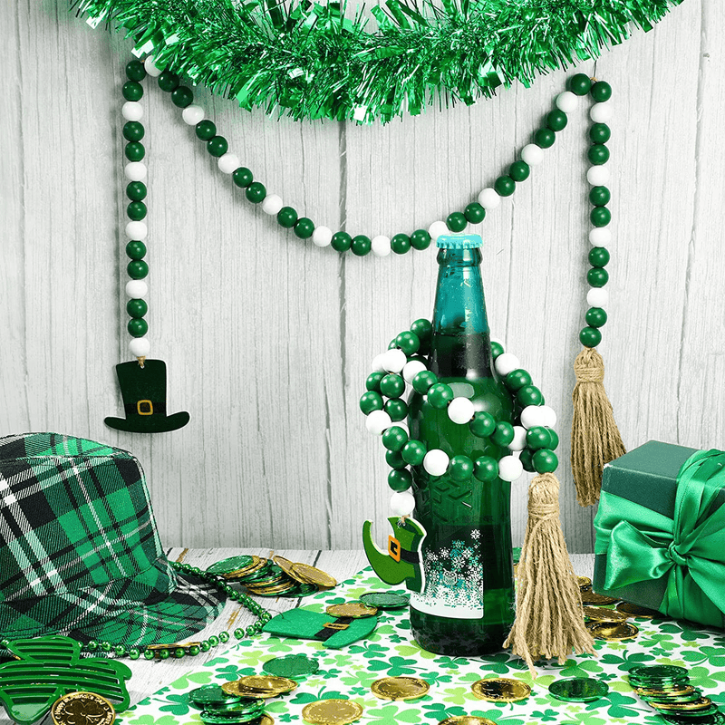 2 Pieces St. Patrick'S Day Wood Beads Tassels, St Patrick'S Day Tiered Tray Decorations Elf Hat and Elf Shoe Tag, Green Wooden Beads Garland with Tassels for Wall Hanging Home Decoration Arts & Entertainment > Party & Celebration > Party Supplies Syhood   
