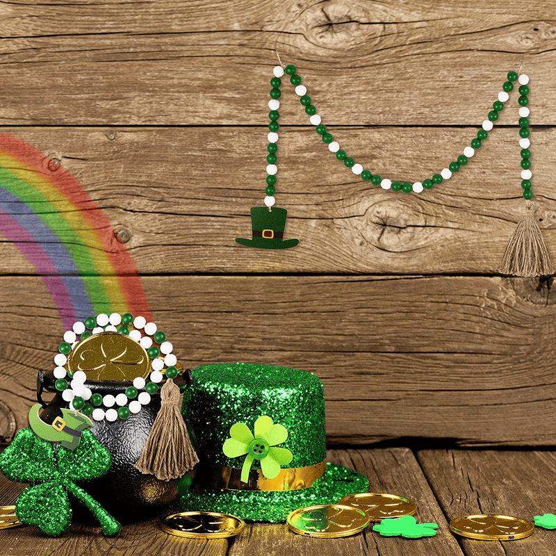 2 Pieces St. Patrick'S Day Wood Beads Tassels, St Patrick'S Day Tiered Tray Decorations Elf Hat and Elf Shoe Tag, Green Wooden Beads Garland with Tassels for Wall Hanging Home Decoration Arts & Entertainment > Party & Celebration > Party Supplies Syhood   